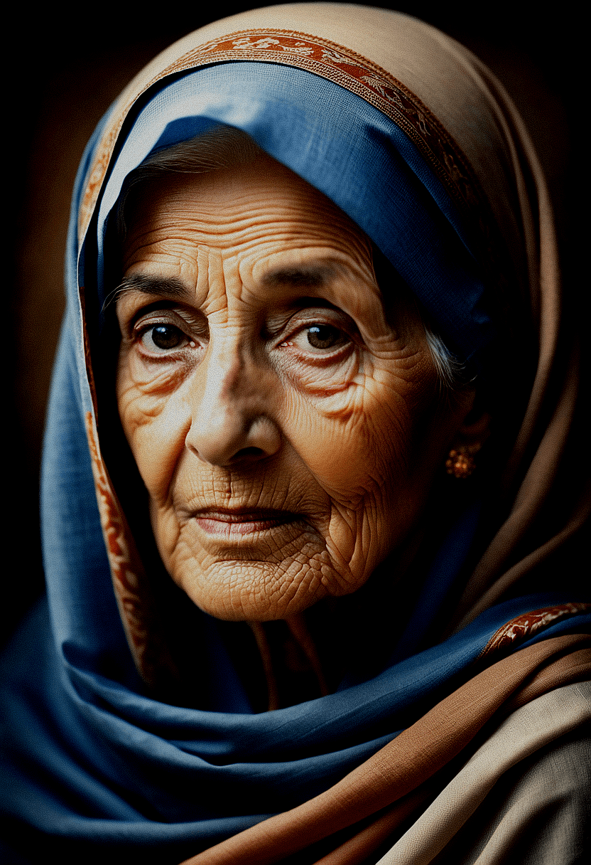 AI generated: Envision a portrait of an elderly woman, her face a canvas of time, framed by a headscarf with muted...