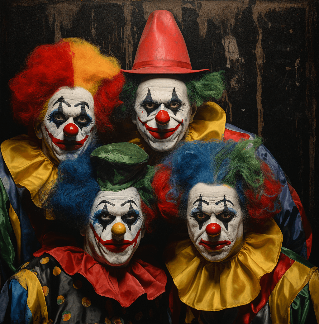 AI generated: the painting of four clowns, in the style of manipulated photography, serene faces, texture-rich can...
