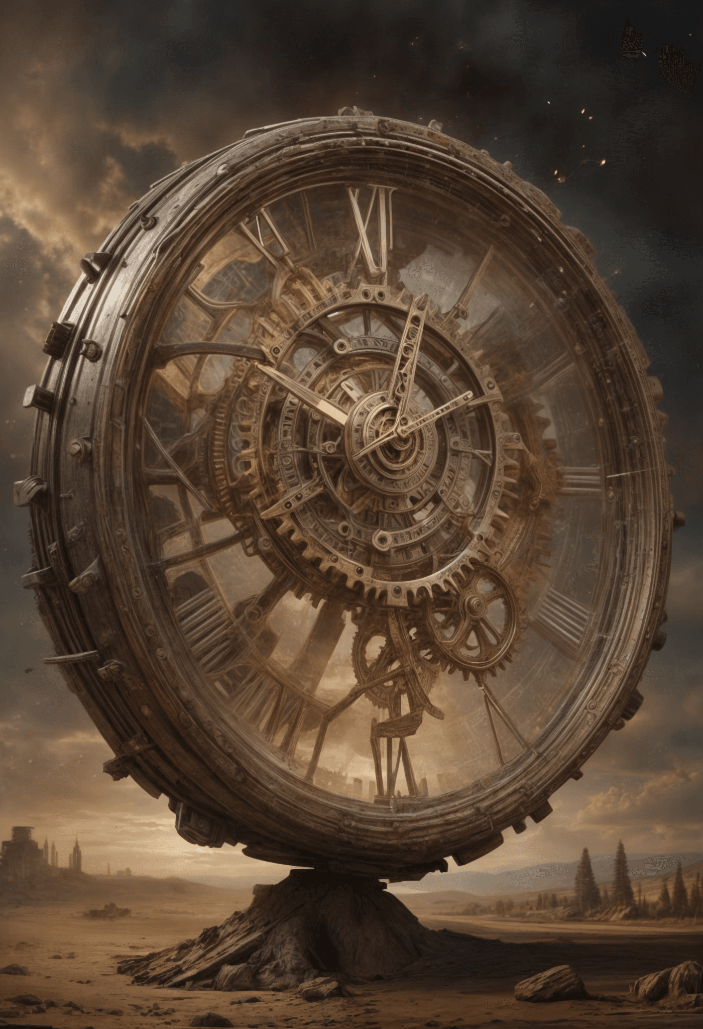 AI generated: Mystical transparent clock symbolizing the bond between past and future, intricately designed gears ...