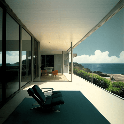 AI generated: Hyper realistic eye level exterior photo of a mid century modern style house overlooking the ocean, ...
