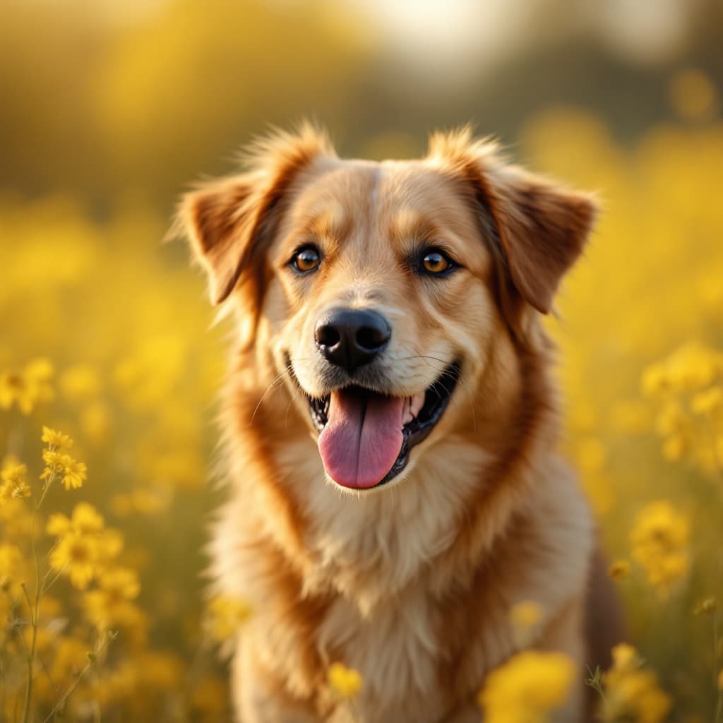AI generated: As an artist, make a warming soft lighting picture in realistic way of a smiling  dog in a yellow fi...