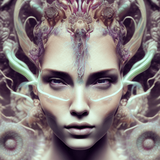 AI generated: Goddess close-up portrait ribcagel. jellyfish phoenix head, nautilus, orchid, skull, betta fish, bio...