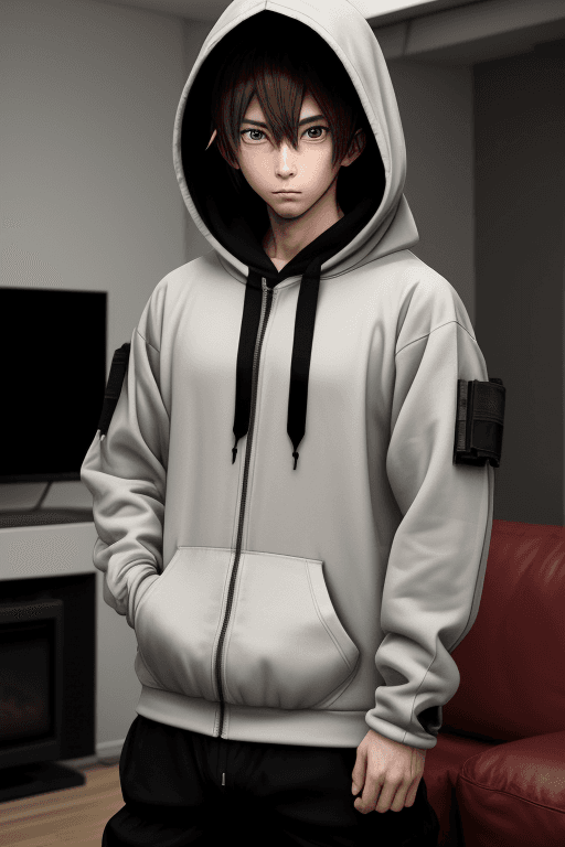 AI generated: anime guy, techwear, hoodie, looking at viewer, programmist, living room