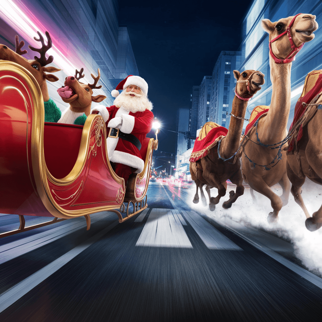 AI generated: Create a dynamic video sequence featuring a Santa Claus and The 3 Wise Men having a race with Santa'...