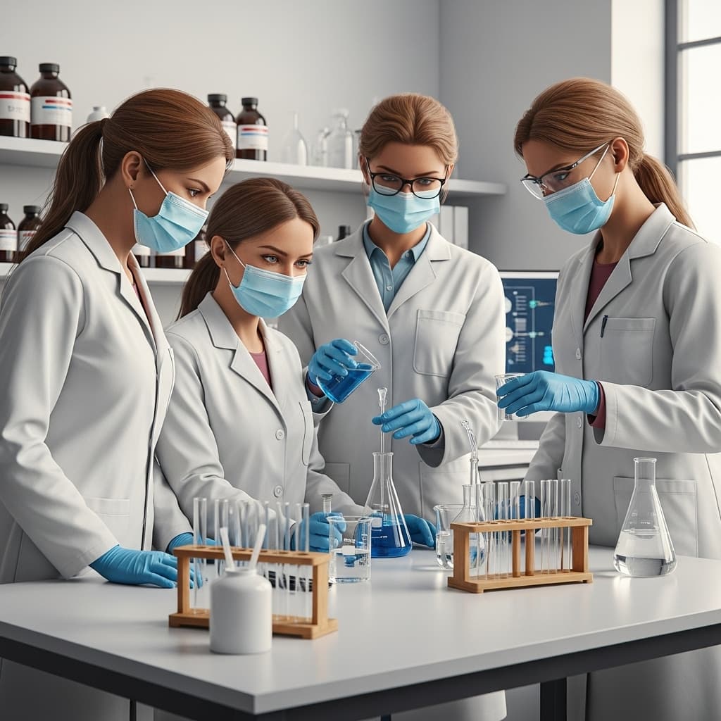 AI generated: Three hyper-realistic female scientists are conducting experiments in a bright and clean modern labo...