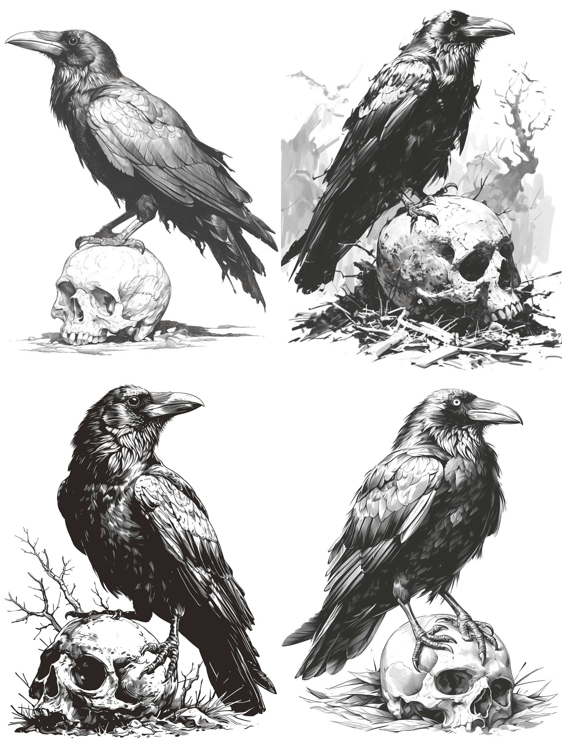 AI generated: A crow standing on a skull in the background, days on white background, sticker style, vector graphi...