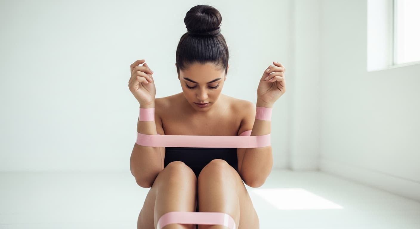 AI generated: Generate an image of a curvy girl with a top knot hair bun style. Make her tied up by tape.