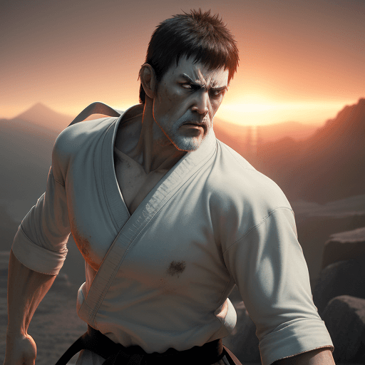 AI generated: Photo of a ultra realistic karate man, dramatic light, pale sunrise, cinematic lighting, battered, l...