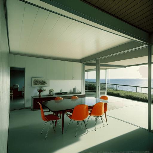 AI generated: Hyper realistic eye level exterior photo of a mid century modern style house overlooking the ocean, ...