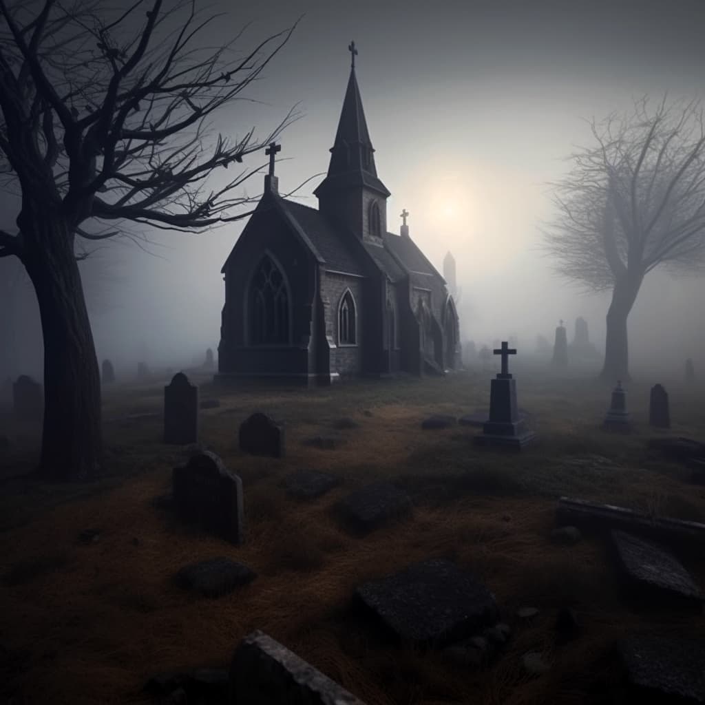 AI generated: Very old medieval chapel in a middle of a hill surrounded by tombs and dead trees, thick foggy morni...