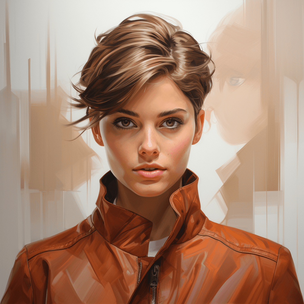 AI generated: Sketch, young beautiful woman, Graying, short hair slicked back that accentuates your big, brown eye...