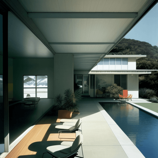 AI generated: Hyper realistic eye level exterior photo of a mid century modern style house overlooking the ocean, ...