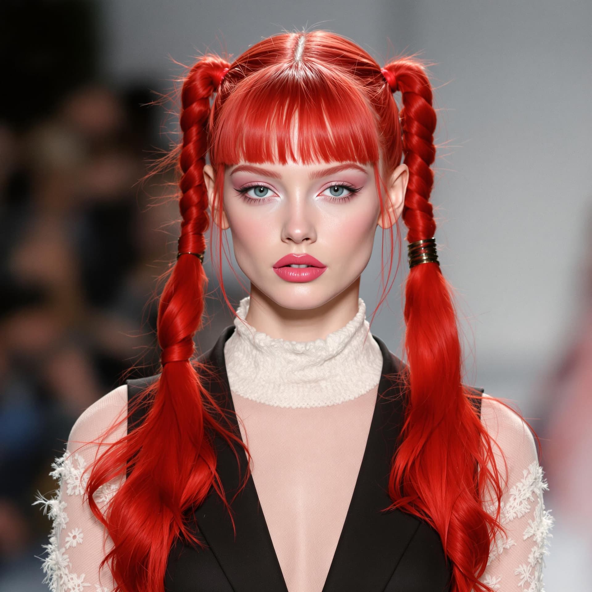 AI generated: Vogue runway model with long red pigtails in candycore hair style, pale skin and light pink lips.