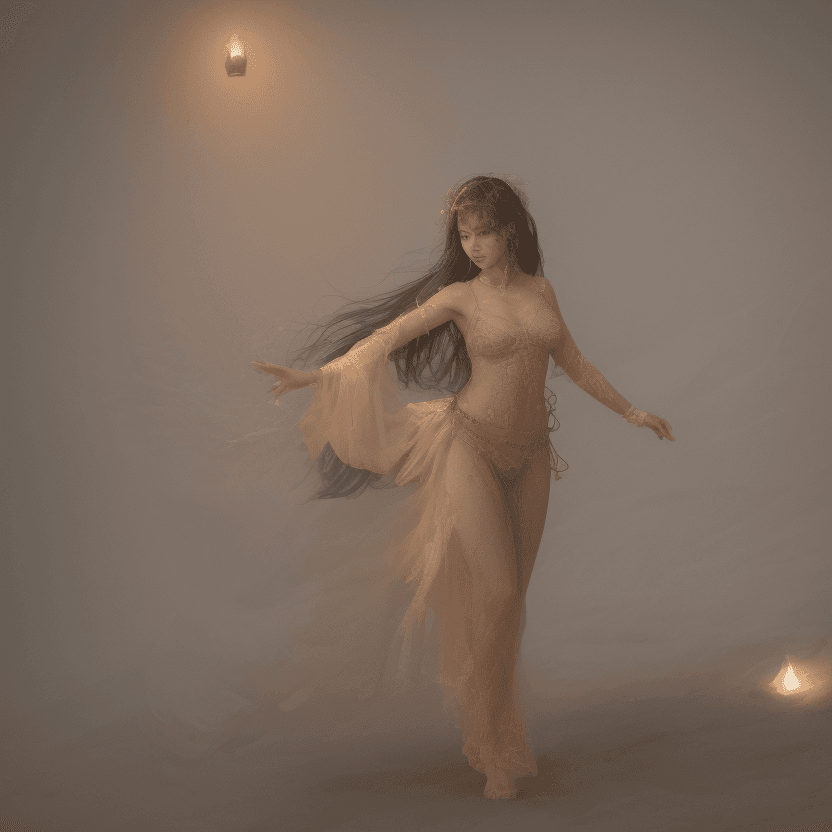 AI generated: /imagine The camera angle is a wide shot from up and above looking down at the dancer from far away....