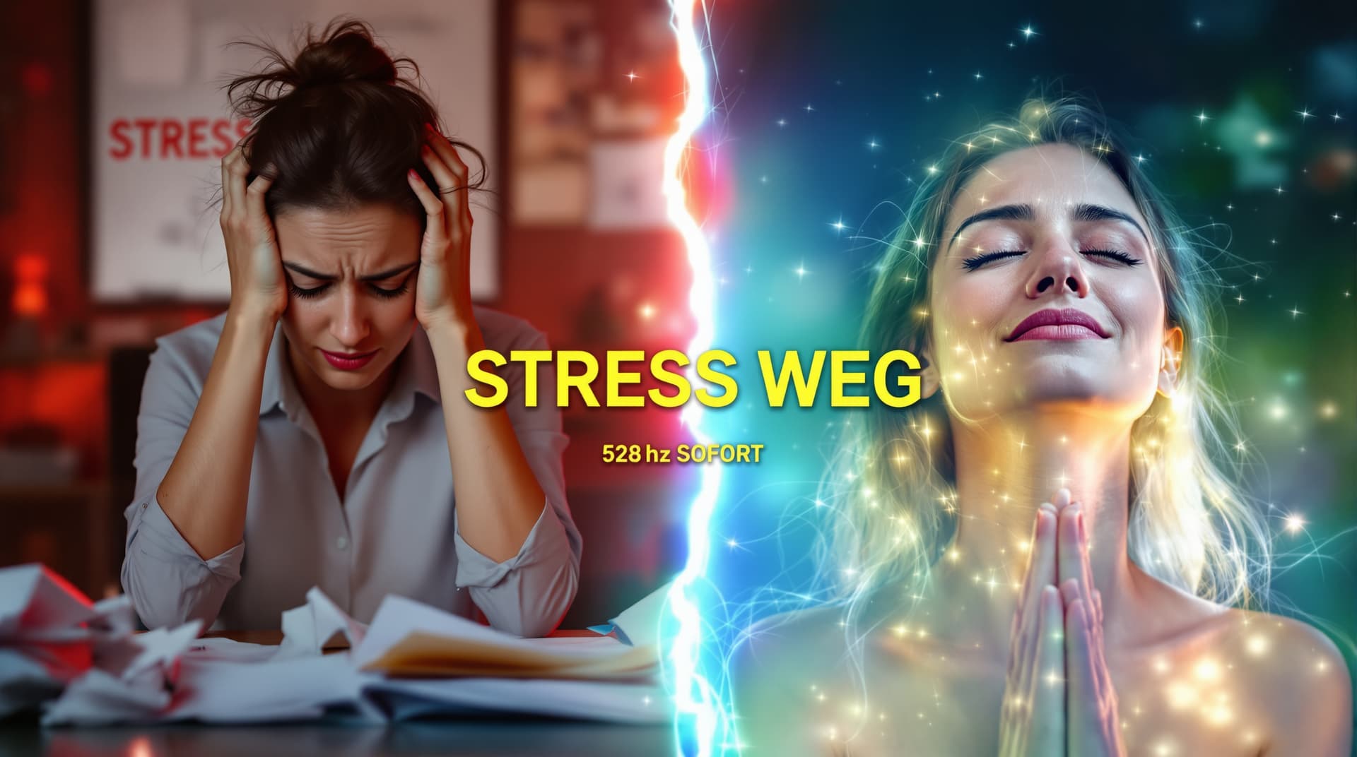 AI generated: Split-screen YouTube thumbnail showing a dramatic transformation from stress to peace. Left side: A ...