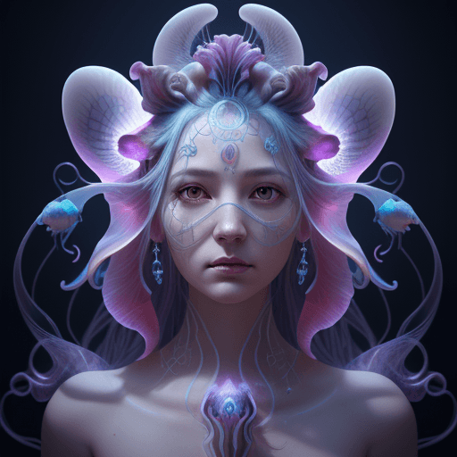 AI generated: Goddess close-up portrait ribcagel. jellyfish phoenix head, nautilus, orchid, skull, betta fish, bio...