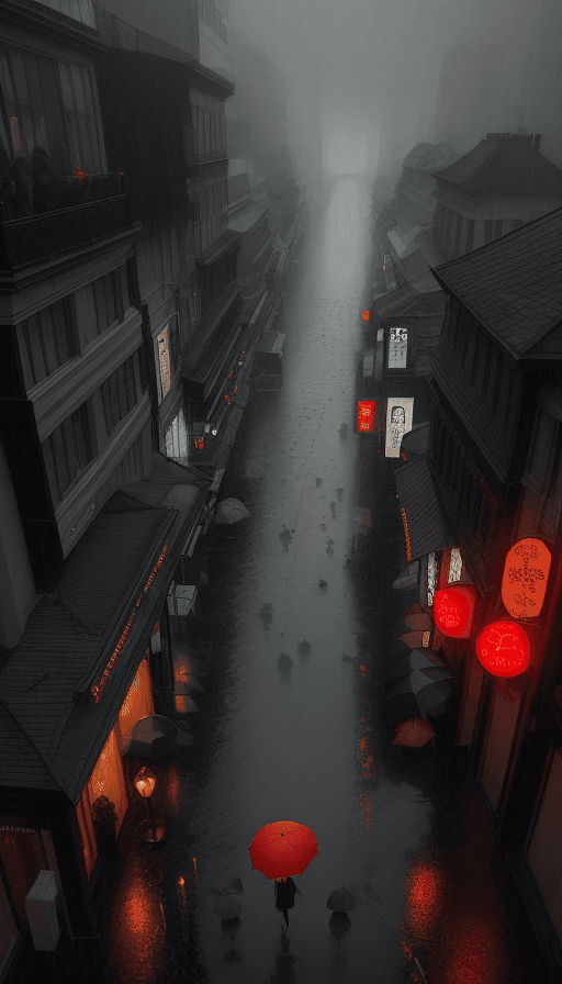 AI generated: A captivating top-down view of a rain-soaked city street, where the gray and black hues of the envir...