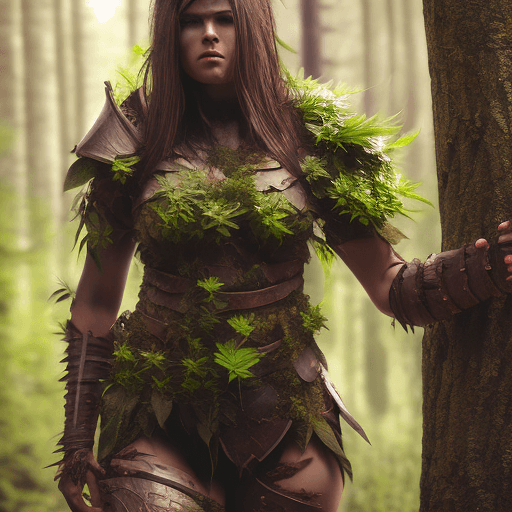 AI generated: High resolution photography. forest warrior with plant as a body. Heavy armor. female. Well lit. 