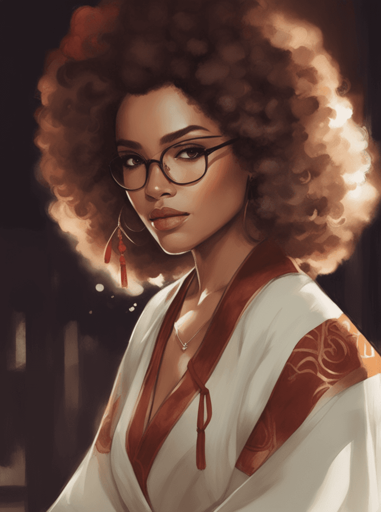 AI generated: a painting of a woman with a big afro hair and a white shirt, beautiful character painting, charlie ...