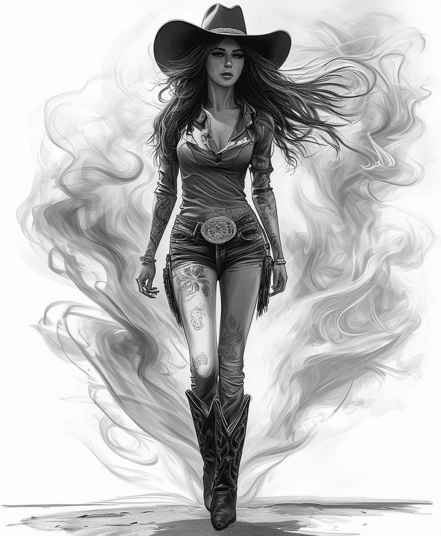AI generated: A digital drawing of an urban cowgirl, full body, walking on the street, wearing cowboy boots and ha...