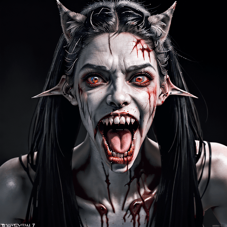 AI generated: full body female portrait (blood-soaked, pointy ears, werewolf, cyberpunk, vampire, (glowing eyes), ...
