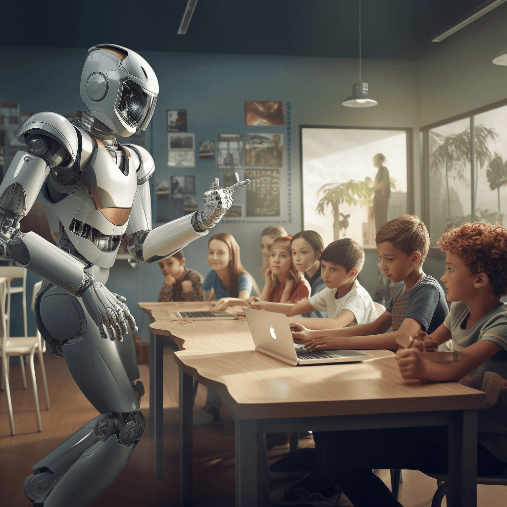 AI generated: a photo-realistic scene where robot teachers interact with students in a classroom