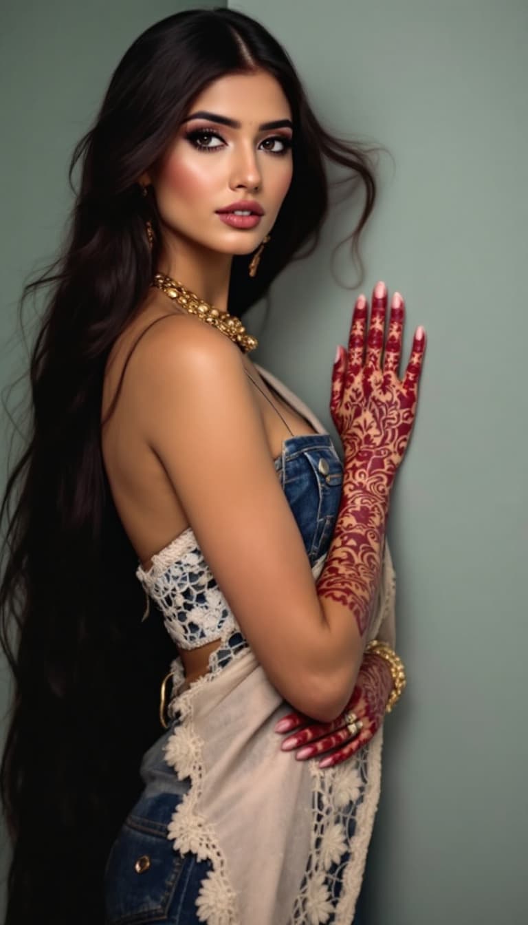 AI generated: **A stylish Indian woman with extremely long hair, wearing a sleek strapless sleeve denim, gold acce...