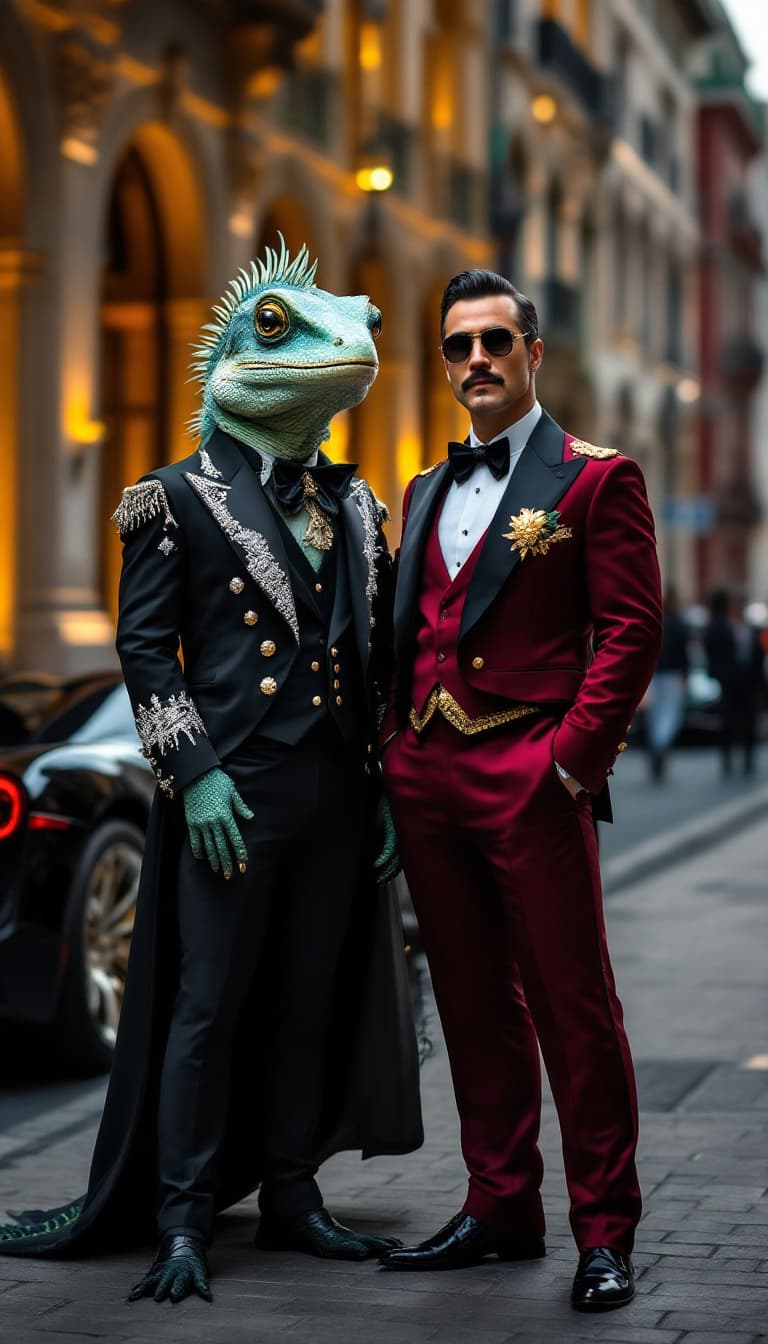 AI generated: A noble anthropomorphic gorgeous Iguane in a luxurious black and silver mariachi suit, standing next...