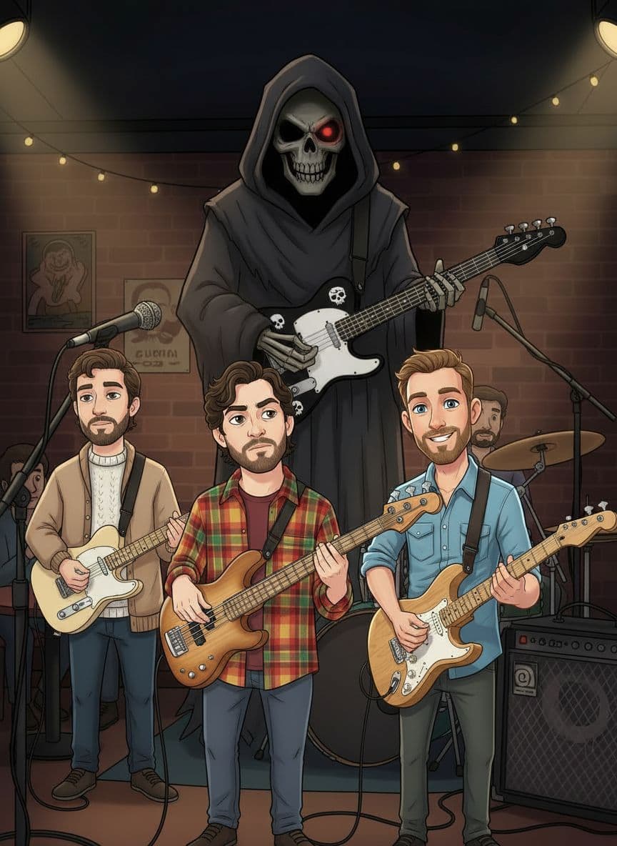 AI generated: Quiero que me hagas a estos 4 personajes juntos. Todos tienes sus instrumentos y la misma expresión....