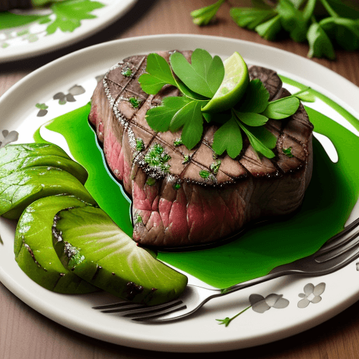 AI generated: Greens, leaves, green steak with flowers on plate, close up, wide angle, juicy, shadows, reflections...