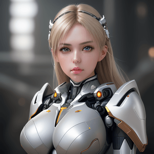 AI generated: create image of woman, A close-up photo of a very beautiful mecha girl, with dark tips beige blonde ...