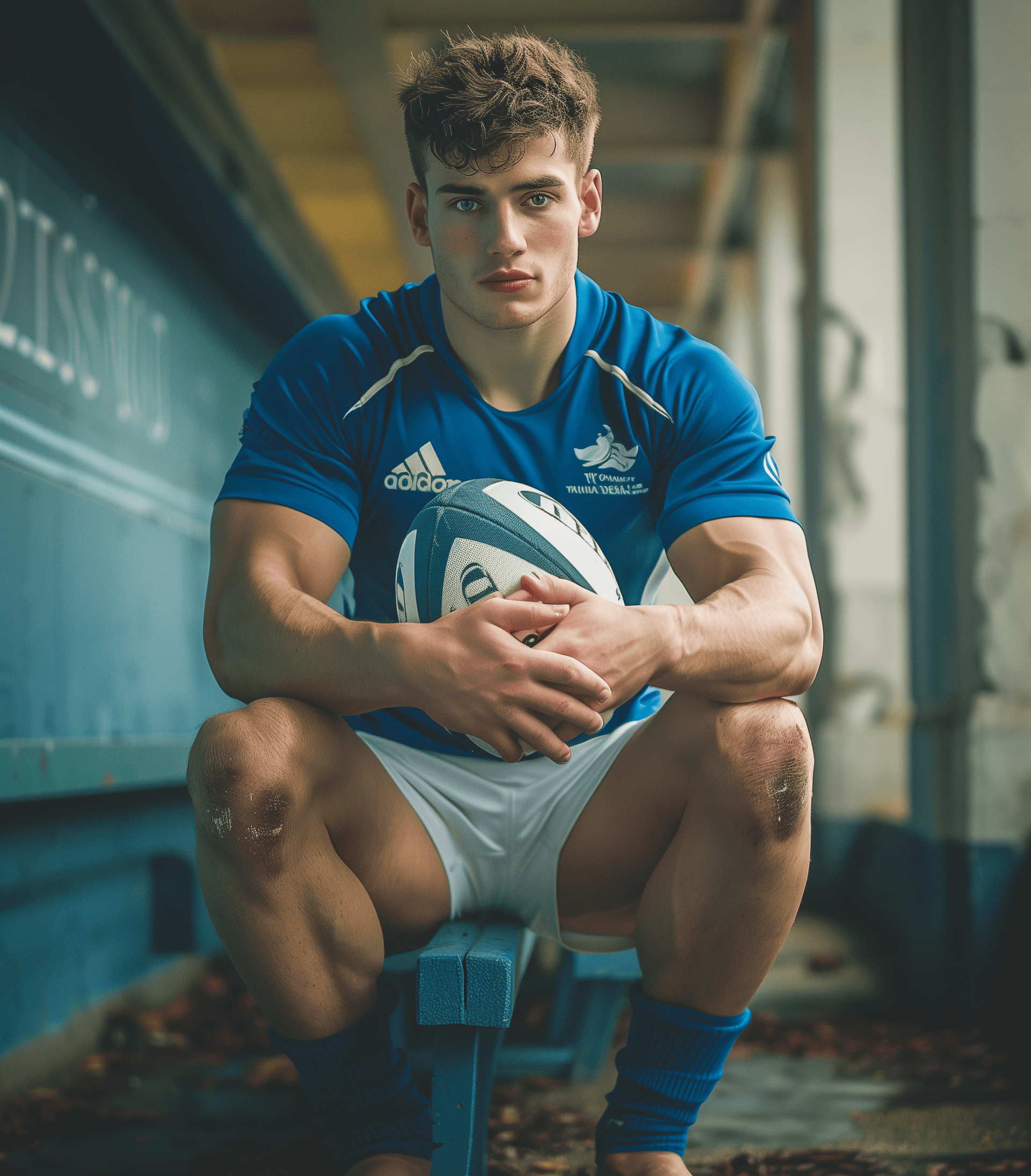 AI generated: full body photo of an athletic man in blue and white rugby kit, holding a rugby ball, sitting on the...