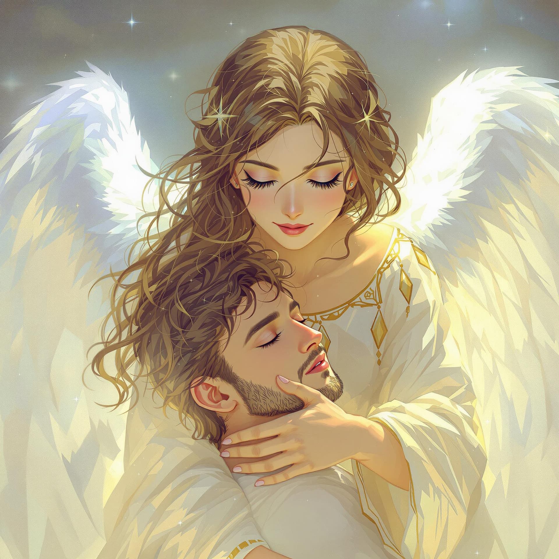 AI generated: A celestial being: a gentle female angel with luminous sky-blue eyes, crimped brown hair, and delica...