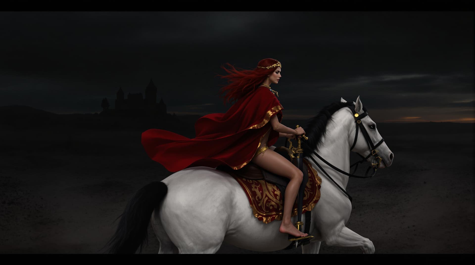 AI generated: a woman in a red cape riding a white horse through a desolate landscape. The woman has long red hair...