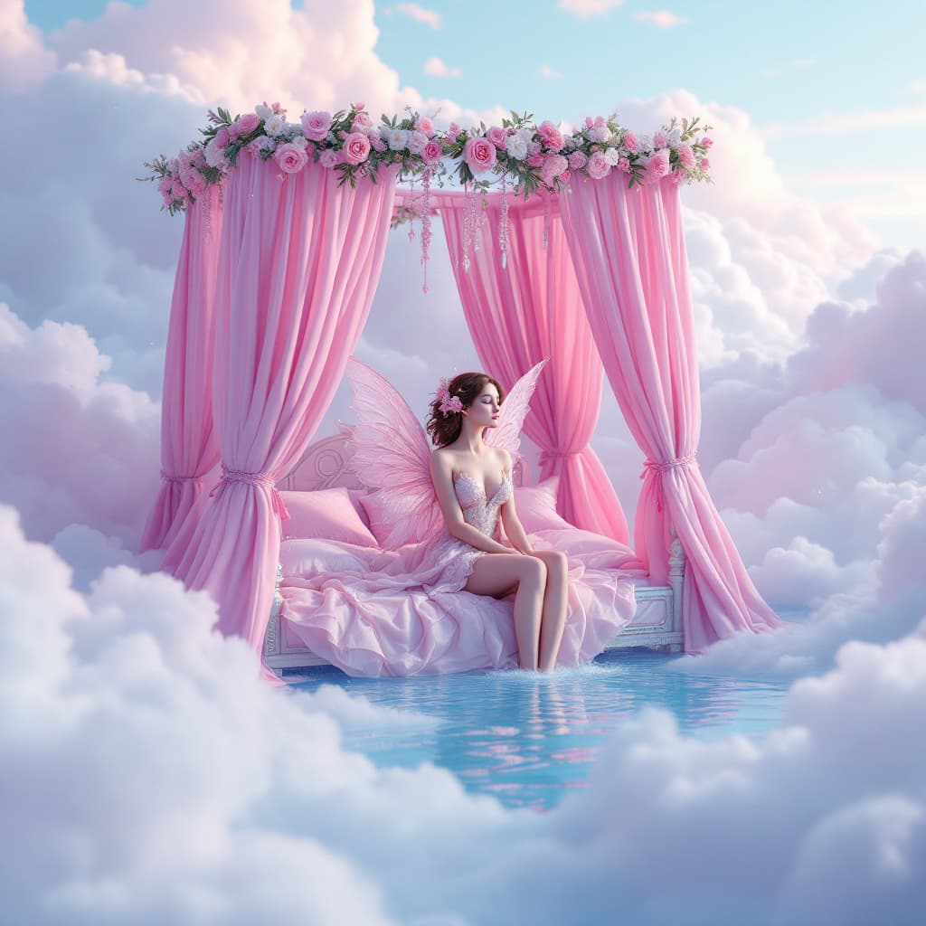 AI generated: A gorgeous fairy in a pink canopy bed in the clouds over water, in the style of zbrush, light pink a...
