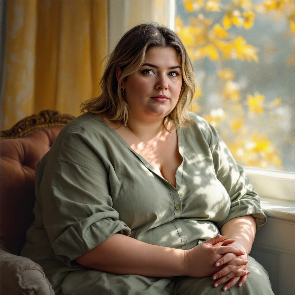 AI generated: A slightly overweight woman, approximately 1.5 meters tall, with shoulder-length dark blonde hair an...