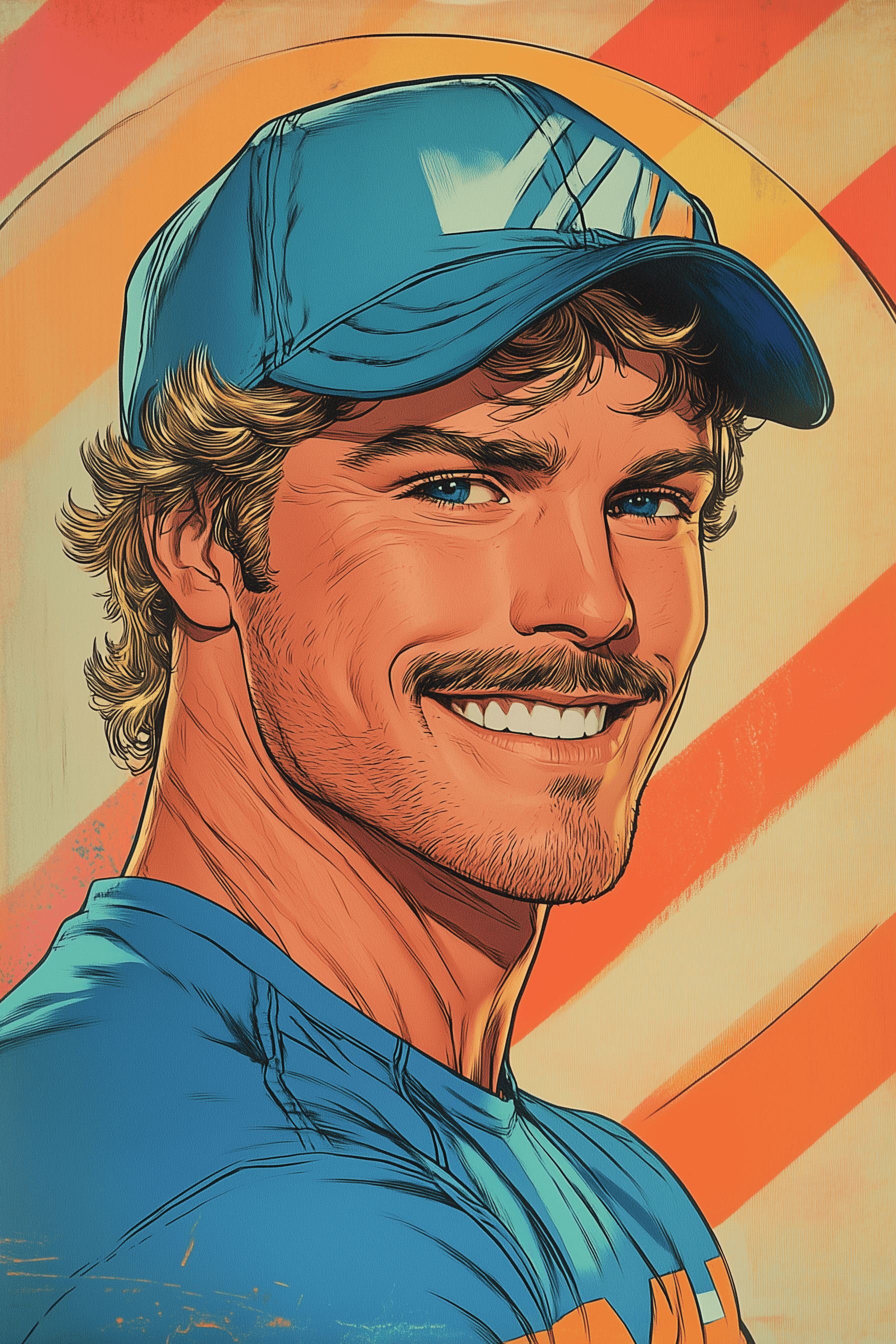 AI generated: A smiling, muscular man with short, blonde hair and a mustache, wearing a blue baseball cap, in the ...