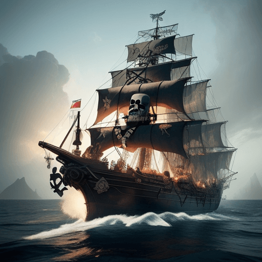 AI generated: The image features a large pirate ship sailing on a body of water, with a skull and crossbones promi...