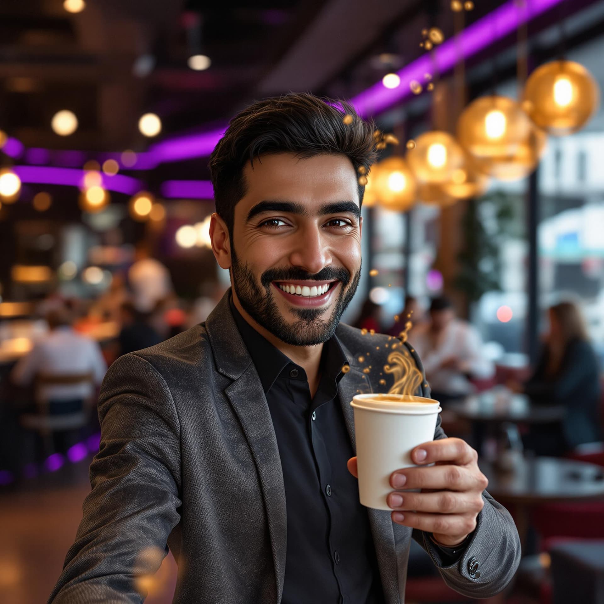 AI generated: Prompt: In a main scene, set in a trendy café, a charismatic young  man with striking Middle Eastern...