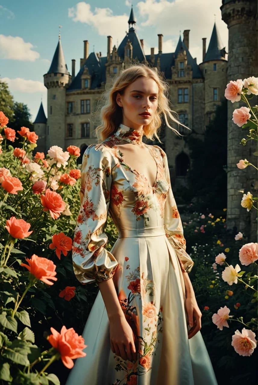 AI generated: A woman stands gracefully in a lush garden, adorned in an elegant, floral-patterned gown with a high...