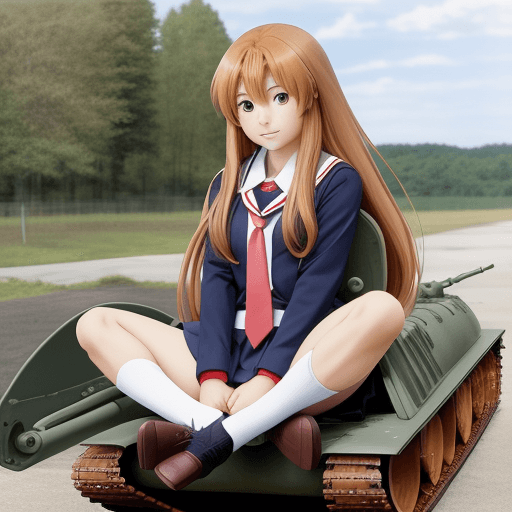 AI generated: taiga aisaka, anime style, school uniform, long hair, sit on tank, not realism, cartoon, art, soles.