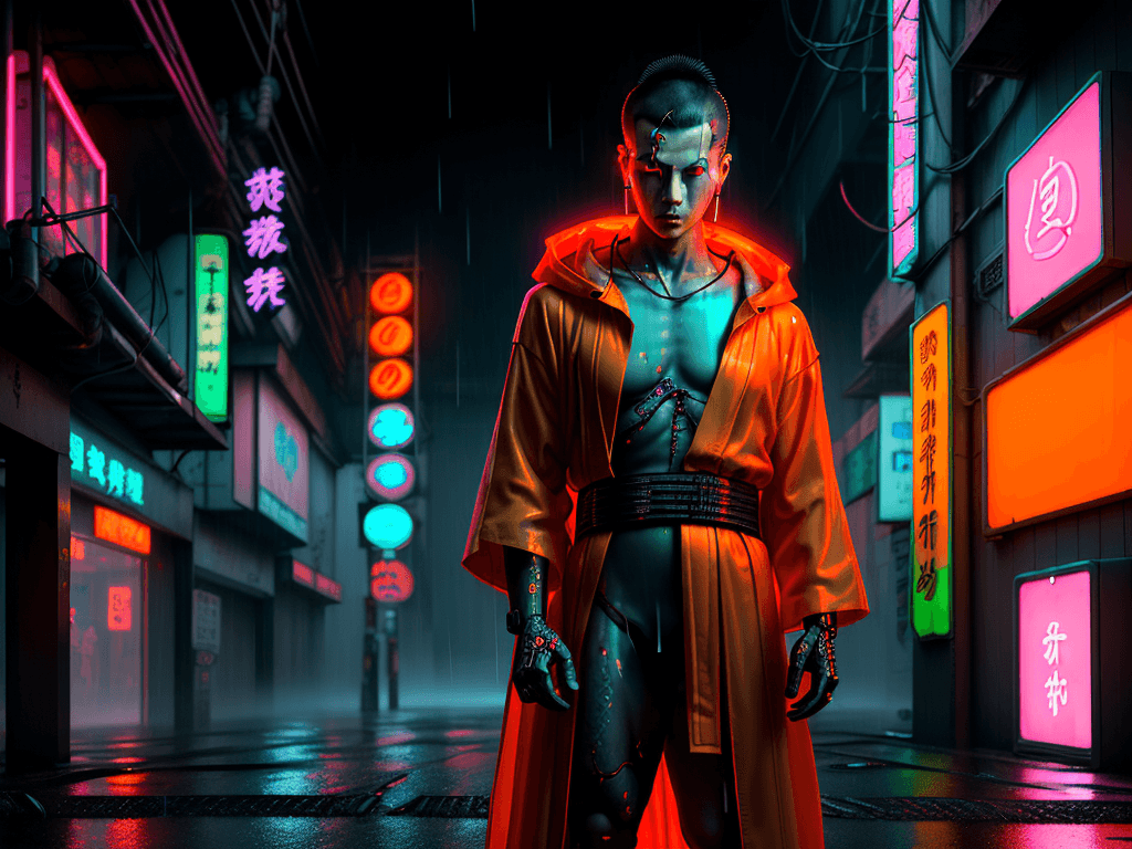 AI generated: cyberpunk buddhist street filled with rain and fog, a young cyberpunk buddhist on a street lit with ...