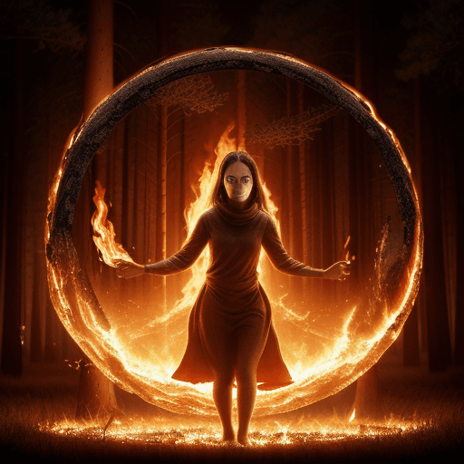 AI generated: a girl trapped inside of an orb filled with fire, surrounded by burning trees, background of burnt t...