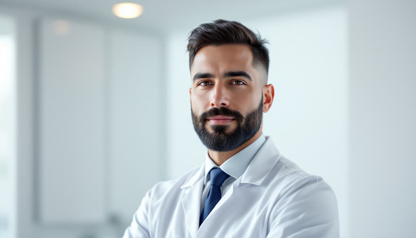 AI generated: Photorealistic portrait, wide viewing angle. A 35-year-old dentist with a short, neatly trimmed blac...