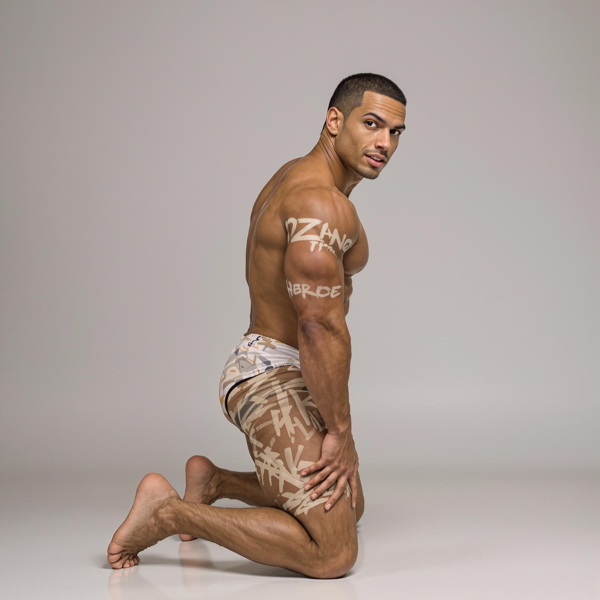 AI generated: side view of bodybuilder kneeling in pose while looking at the camera