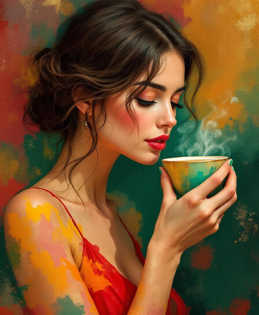 AI generated: A woman elegantly drinking coffee, expressed through Vibrant Chromatic Resonance, where colors vibra...