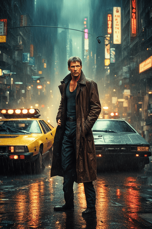 AI generated: Young Harrison Ford in blade runner, photo, light box, three point lighting, film grain, epic movie ...