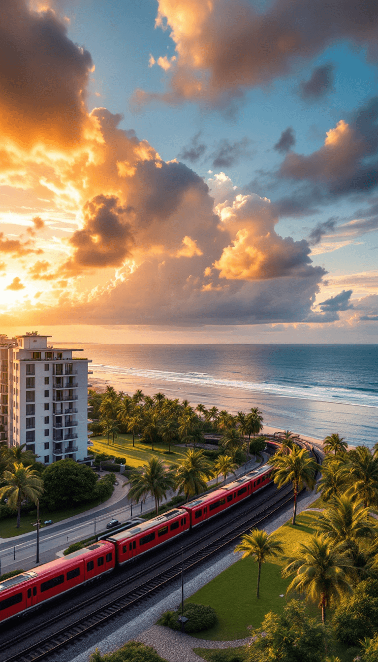 AI generated: A sunset panorama of a coastal residential development: contemporary white apartment buildings with ...