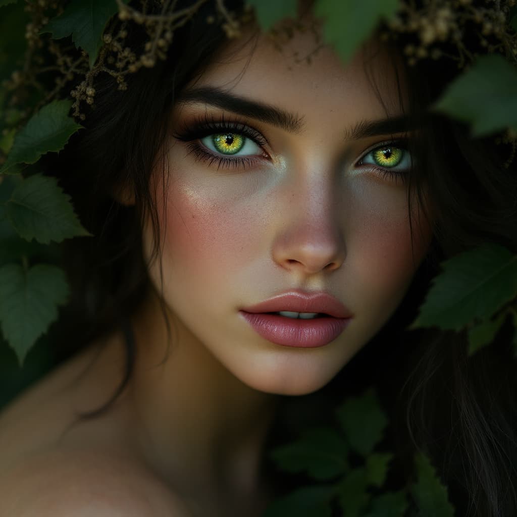 AI generated: a woman with green eyes, in the style of realism with fantasy elements, daz3d, fine art realism, mag...