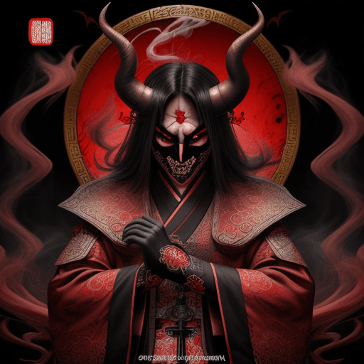 AI generated: Masked Chinese Persian figure, new key visual, album cover art, in the style of knudsen, demon, red ...